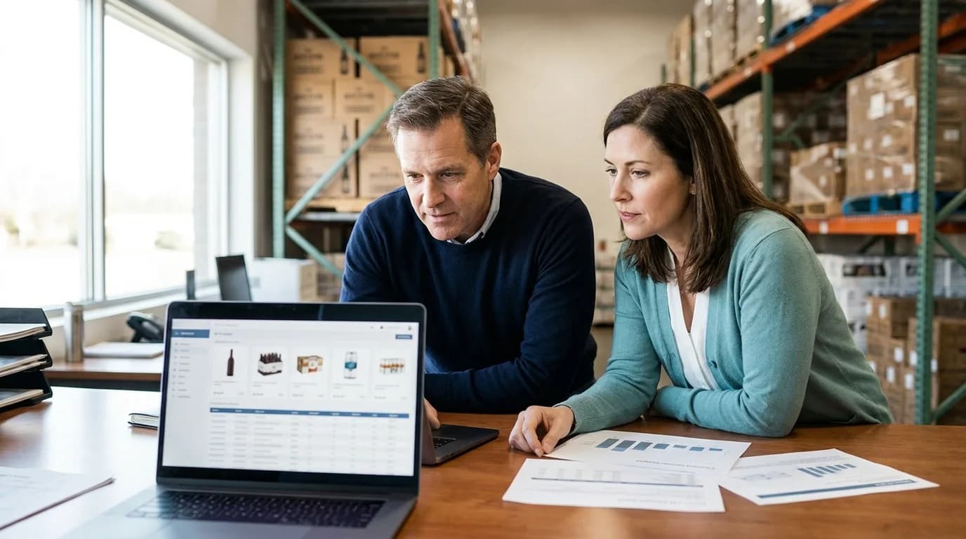 Beverage professionals in a distribution warehouse reviewing product catalog data on a laptop alongside printed reports.