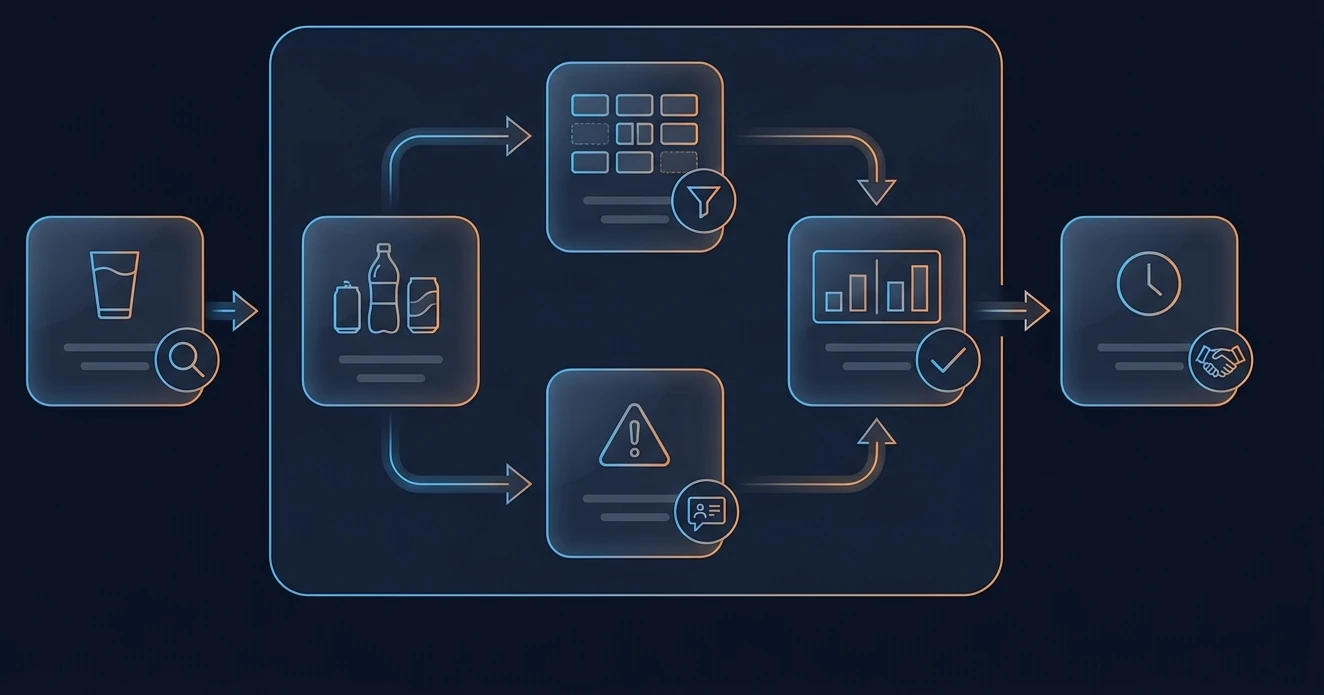 A beverage workflow diagram — intake, catalog, exception review, analytics, and decision flowing through one connected path.