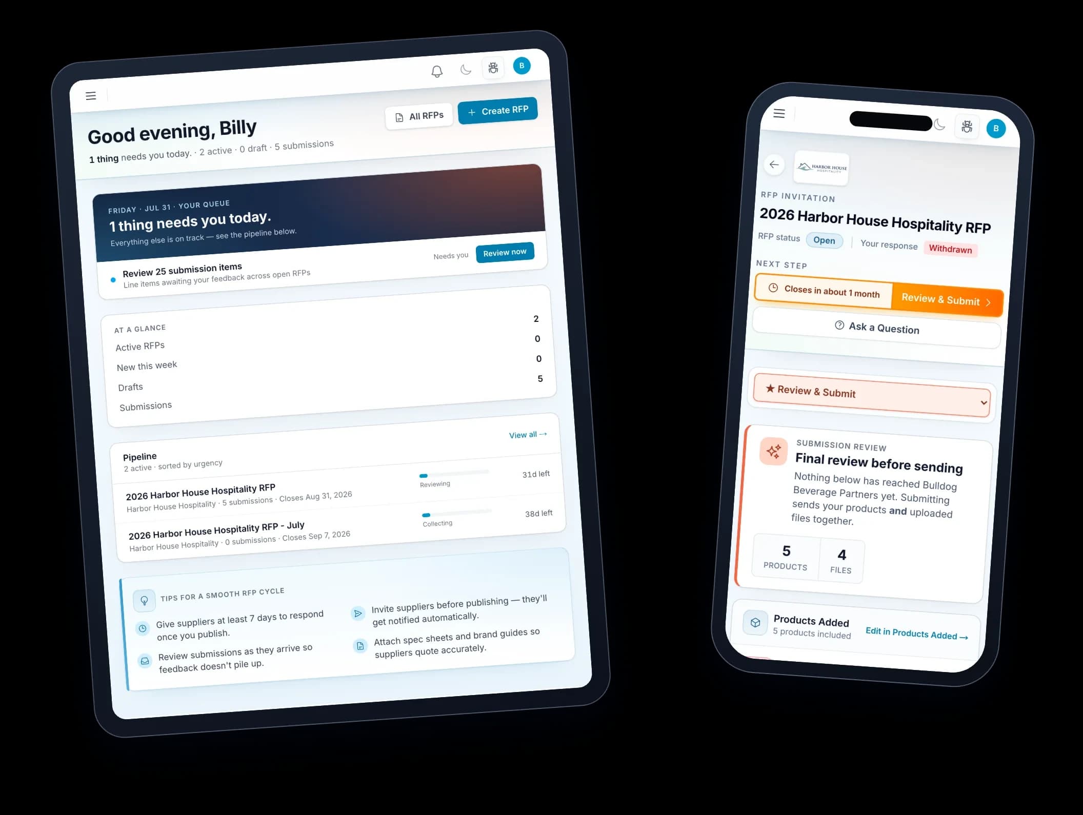 Two focused BevBridge views — an agency's daily queue on a tablet next to a supplier's final review-and-submit step on a phone.