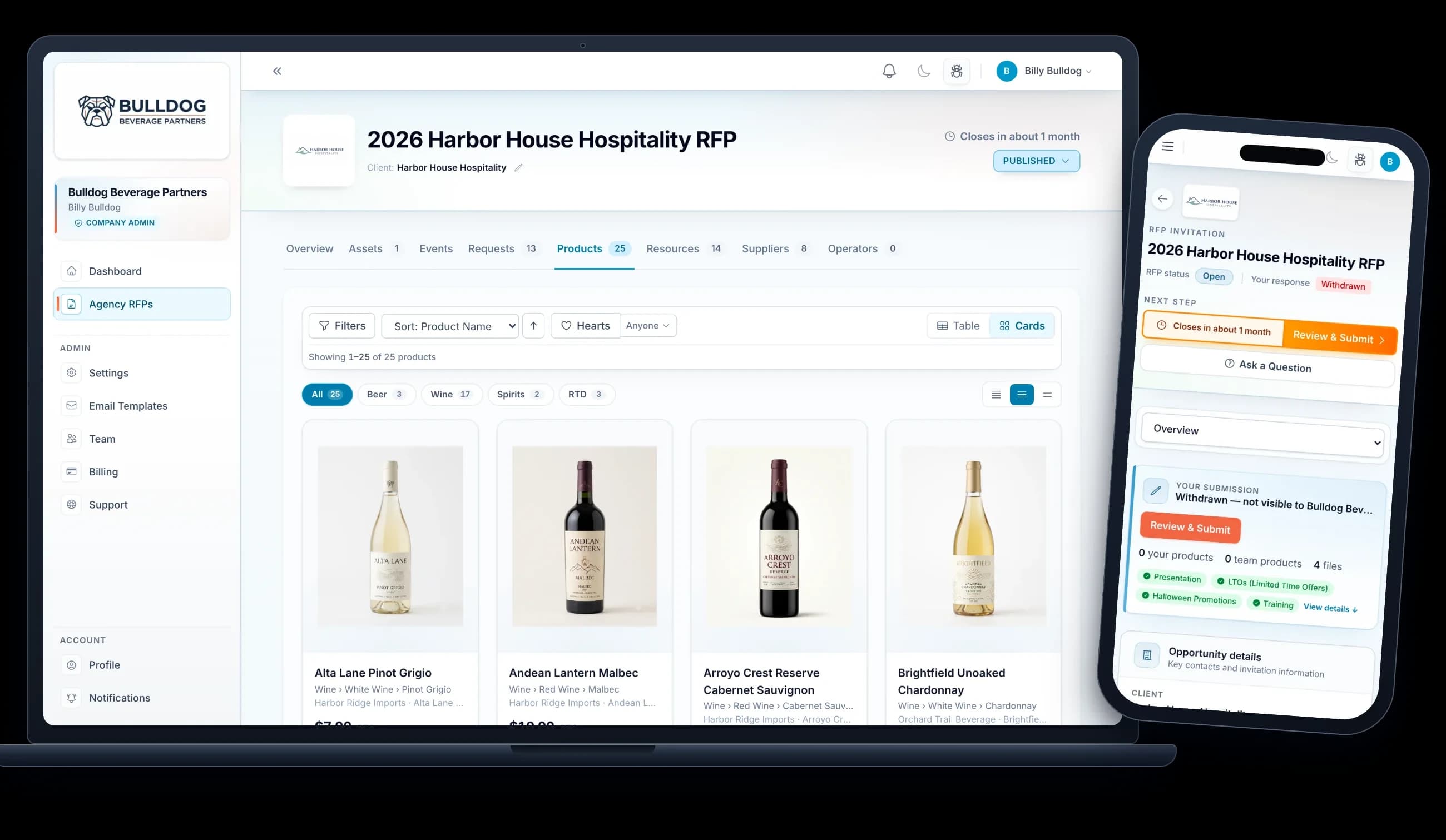 The BevBridge platform on a laptop and phone — an agency comparing submitted wines side by side while a supplier opens an RFP invitation on mobile.