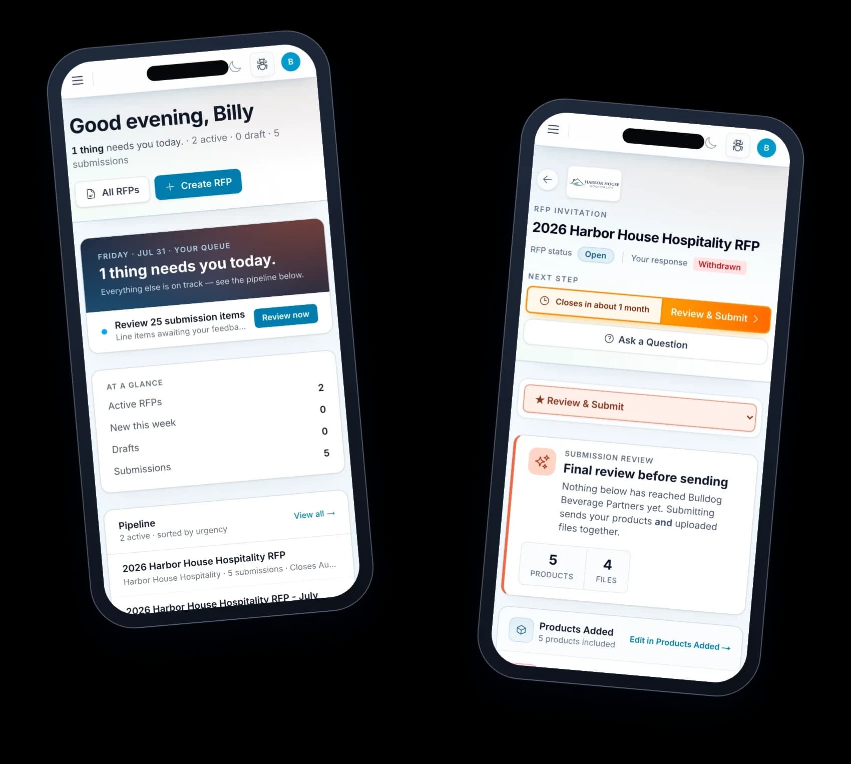 Shipped BevBridge software on two phones — an agency's morning queue and a supplier's final submission review.