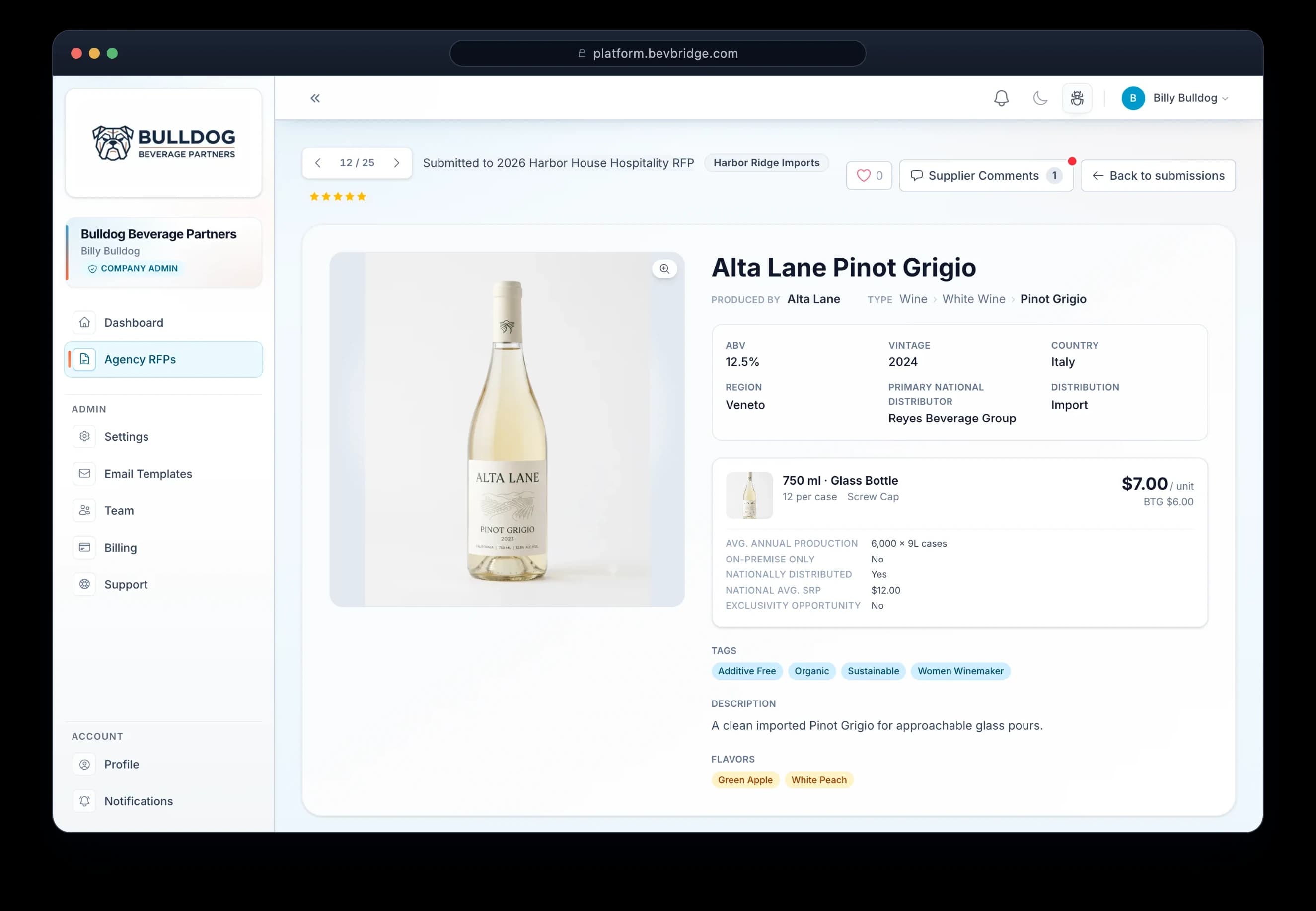 A submitted product as the agency sees it — a supplier's Pinot Grigio with specs, pricing, distribution detail, tags, and flavors in one record.