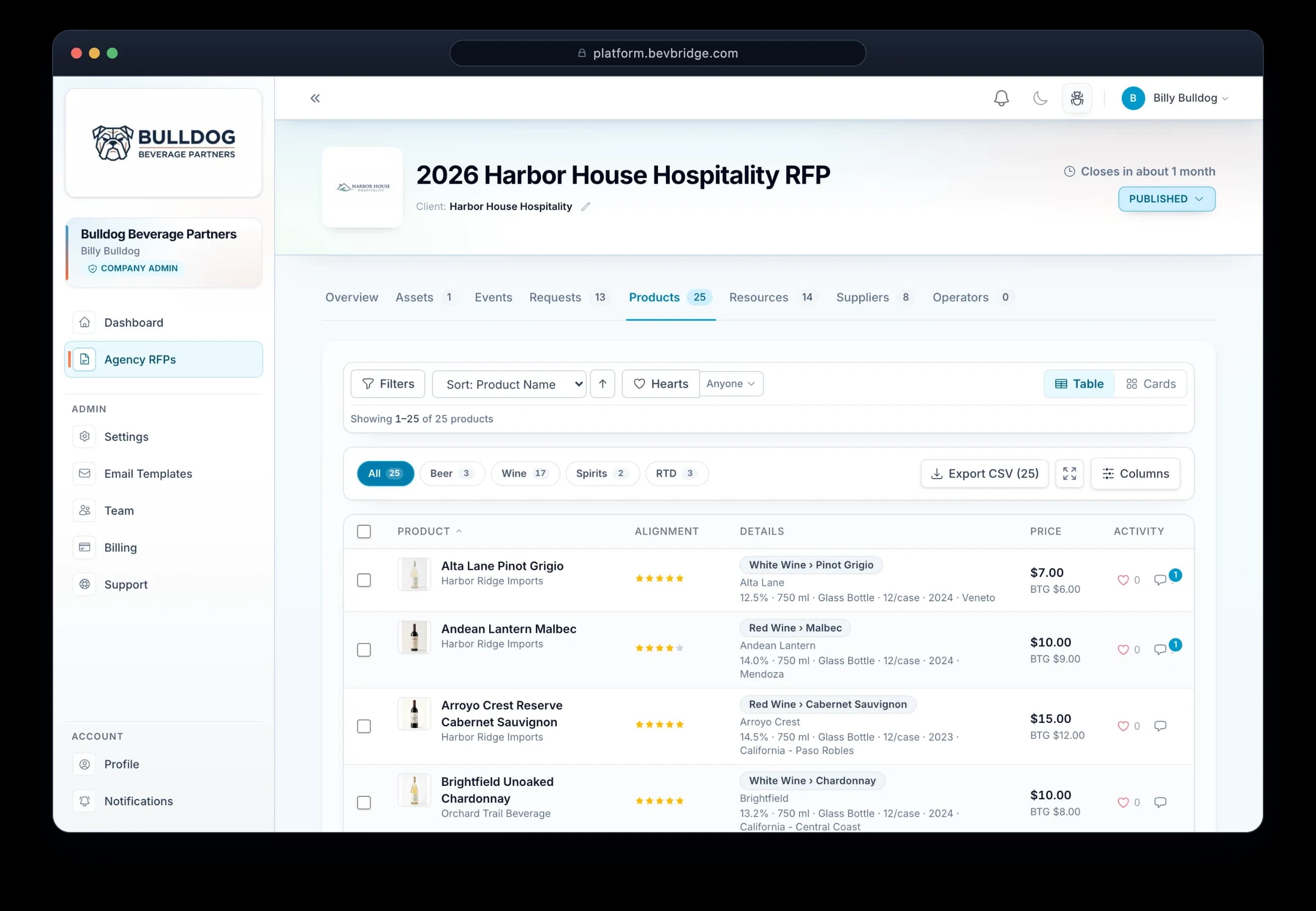 Digitized supplier responses in BevBridge — 25 products with consistent details, alignment scores, and pricing, ready to compare side by side.