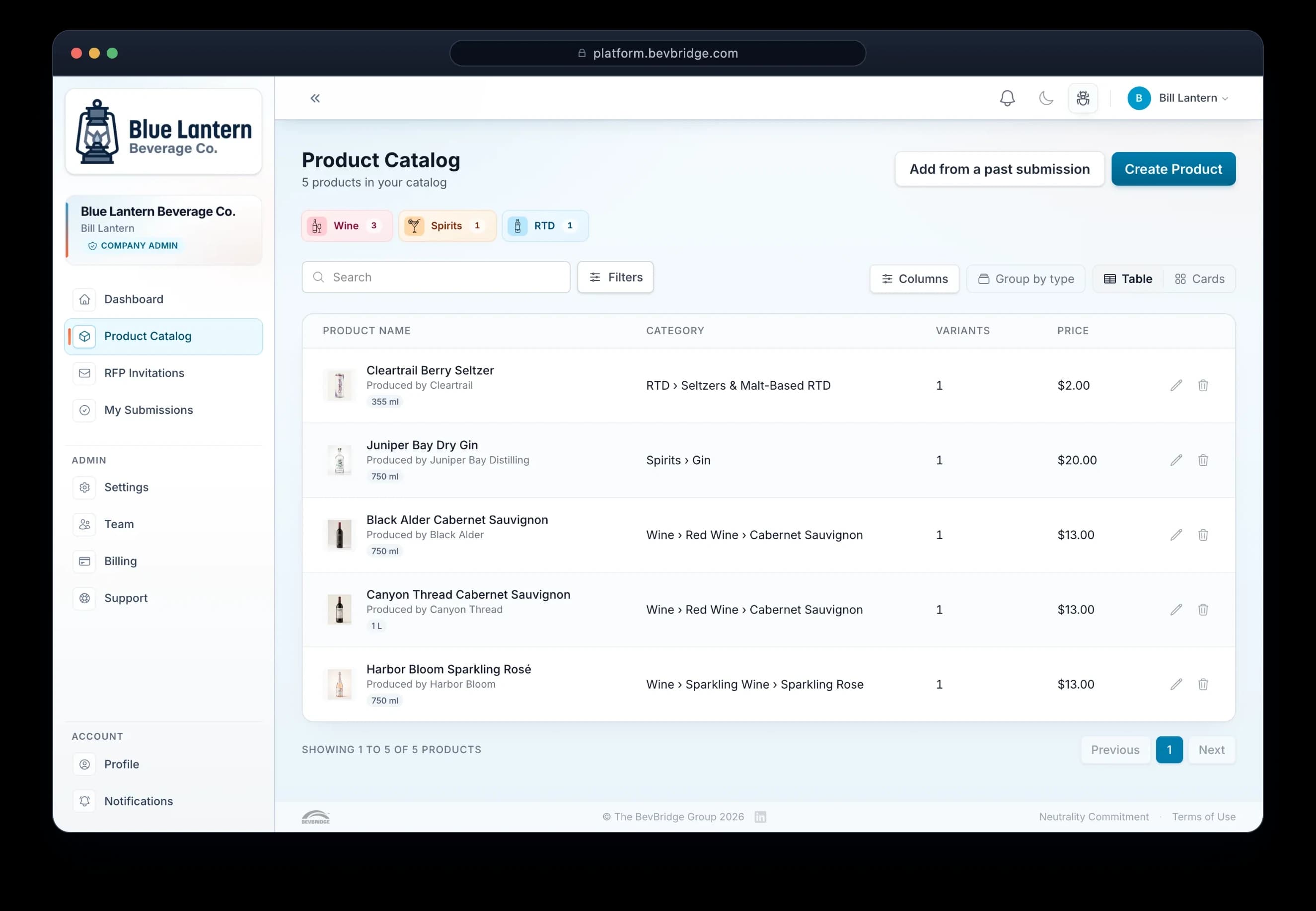 A supplier product catalog in BevBridge — wines, spirits, and RTDs organized with categories, variants, and pricing.