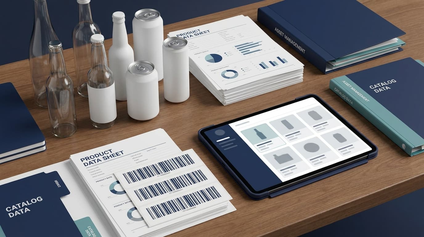 Supplier catalog readiness — product data sheets, asset and catalog binders, and a product catalog grid on a tablet.