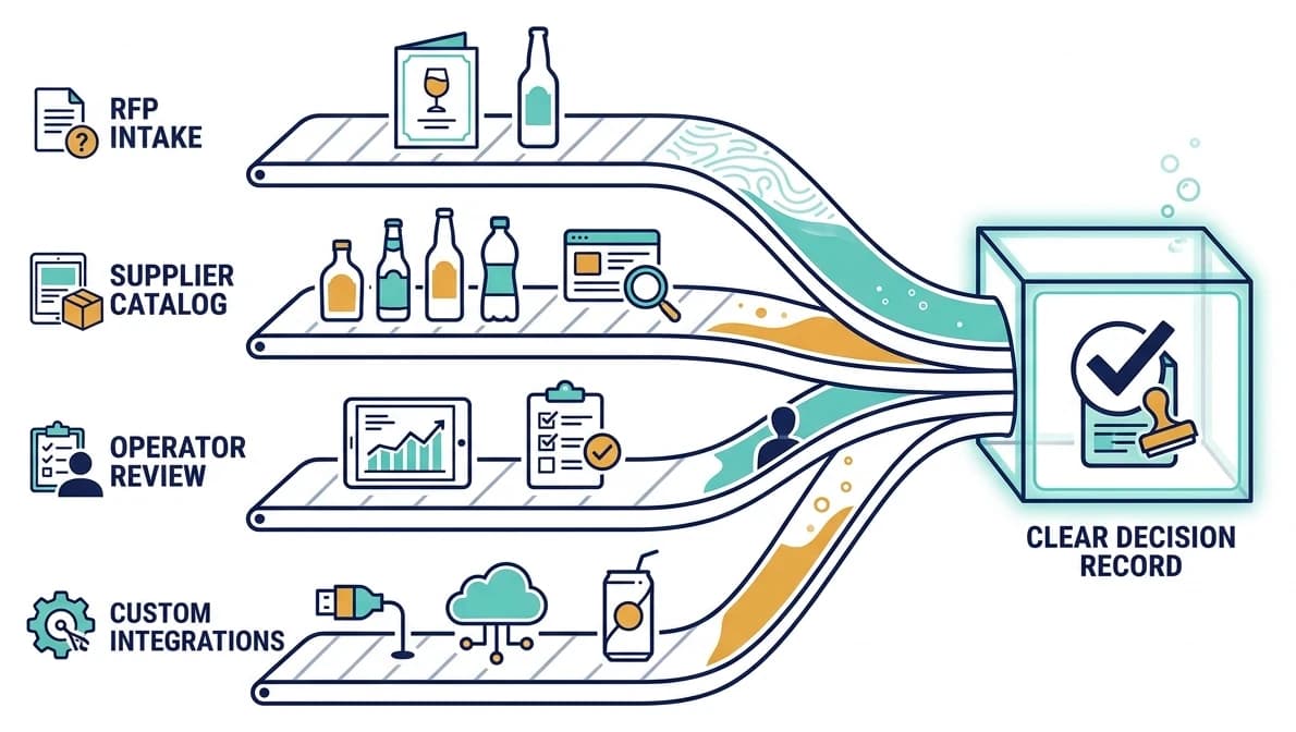 Beverage RFP process — intake, supplier catalog, operator review, and integrations flowing into one clear decision record.